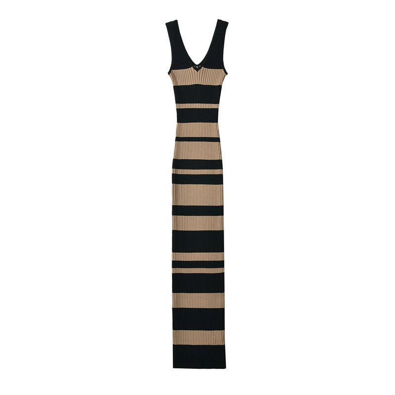 European And American Hot Girl Double V-neck Color Sleeveless Knitted Dress Intellectual Elegant Skinny Sheath