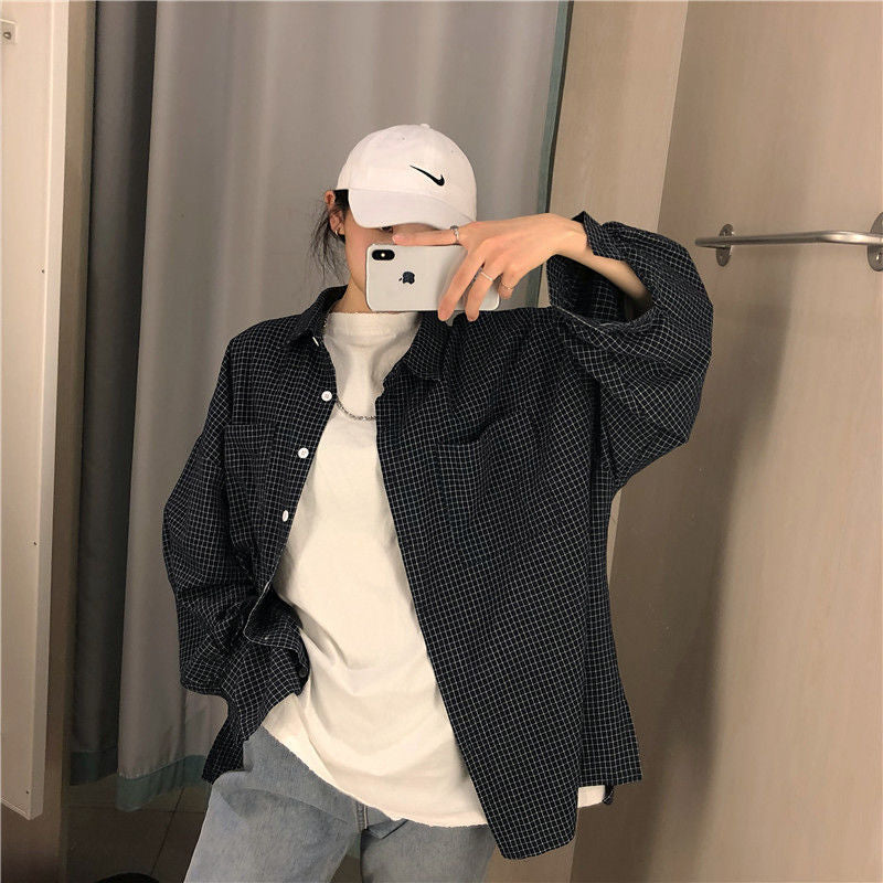 Loose Plus Size Mid-length Long-sleeved Student Plaid Shirt Female Jacket