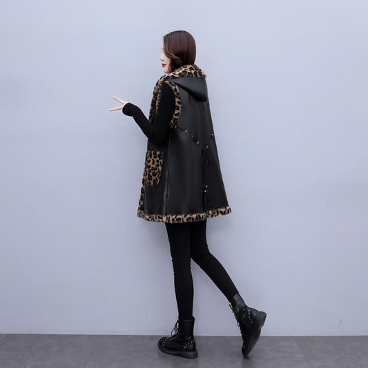 Plus Size Women's Leopard Rabbit Plush Vest Coat
