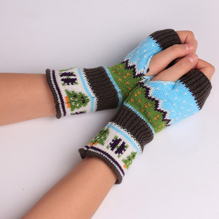 Christmas Tree Thick Wool Fingerless Knitted Gloves