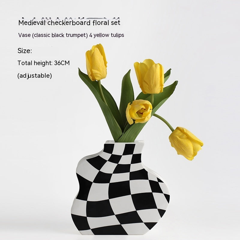 Ins Simple Chessboard Grid Ceramic Vase Living Room Bedroom Hydroponic Flower Vase Home Decoration Ornaments