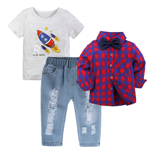 Boy's Long-sleeved Plaid Shirt Denim Trousers Three-piece Set