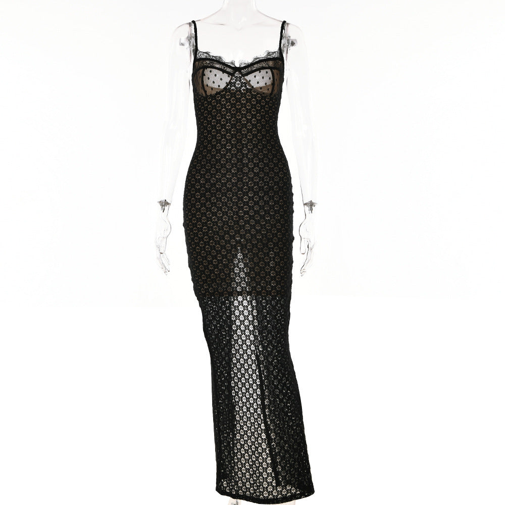 Fashionable Lace Back Split Polka Dot Dress