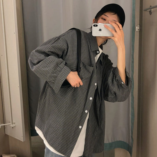 Loose Plus Size Mid-length Long-sleeved Student Plaid Shirt Female Jacket