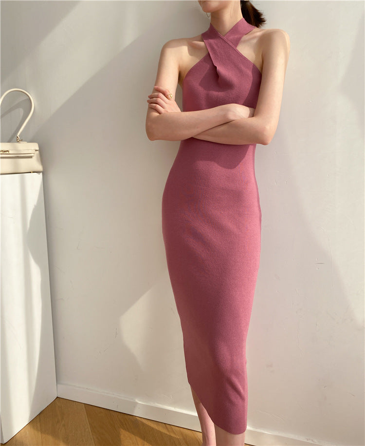 Women's Slim Fit Slim Pack Hip Cross Halter Over Knee Knit Dress
