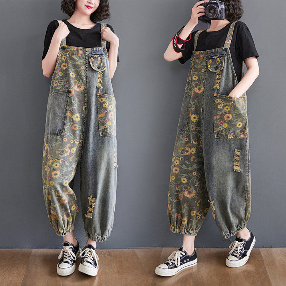 Women's Retro Nostalgic Print Ripped Denim Overalls