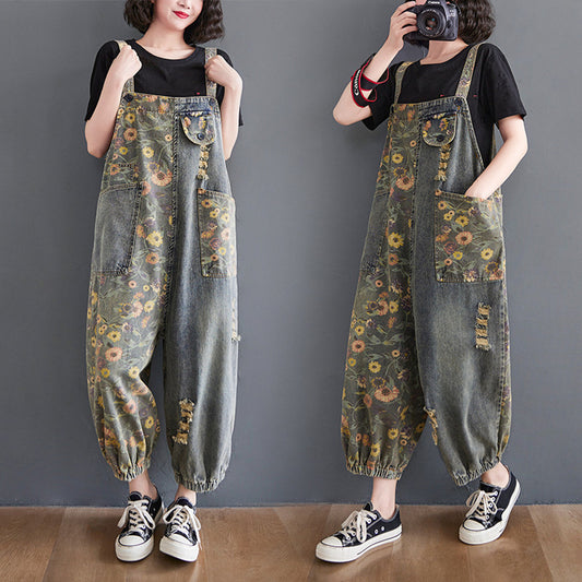 Women's Retro Nostalgic Print Ripped Denim Overalls