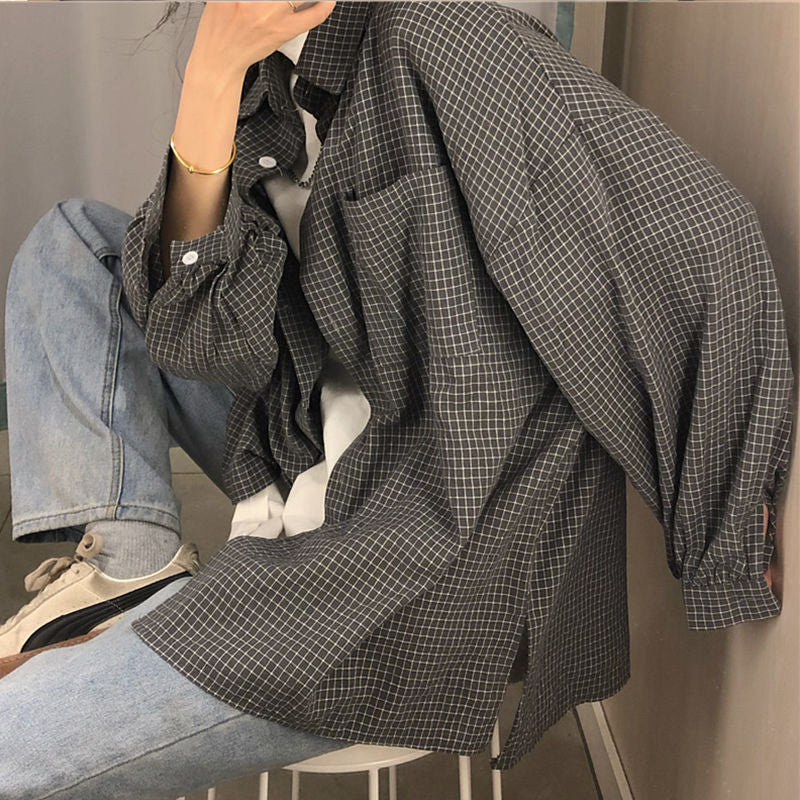 Loose Plus Size Mid-length Long-sleeved Student Plaid Shirt Female Jacket
