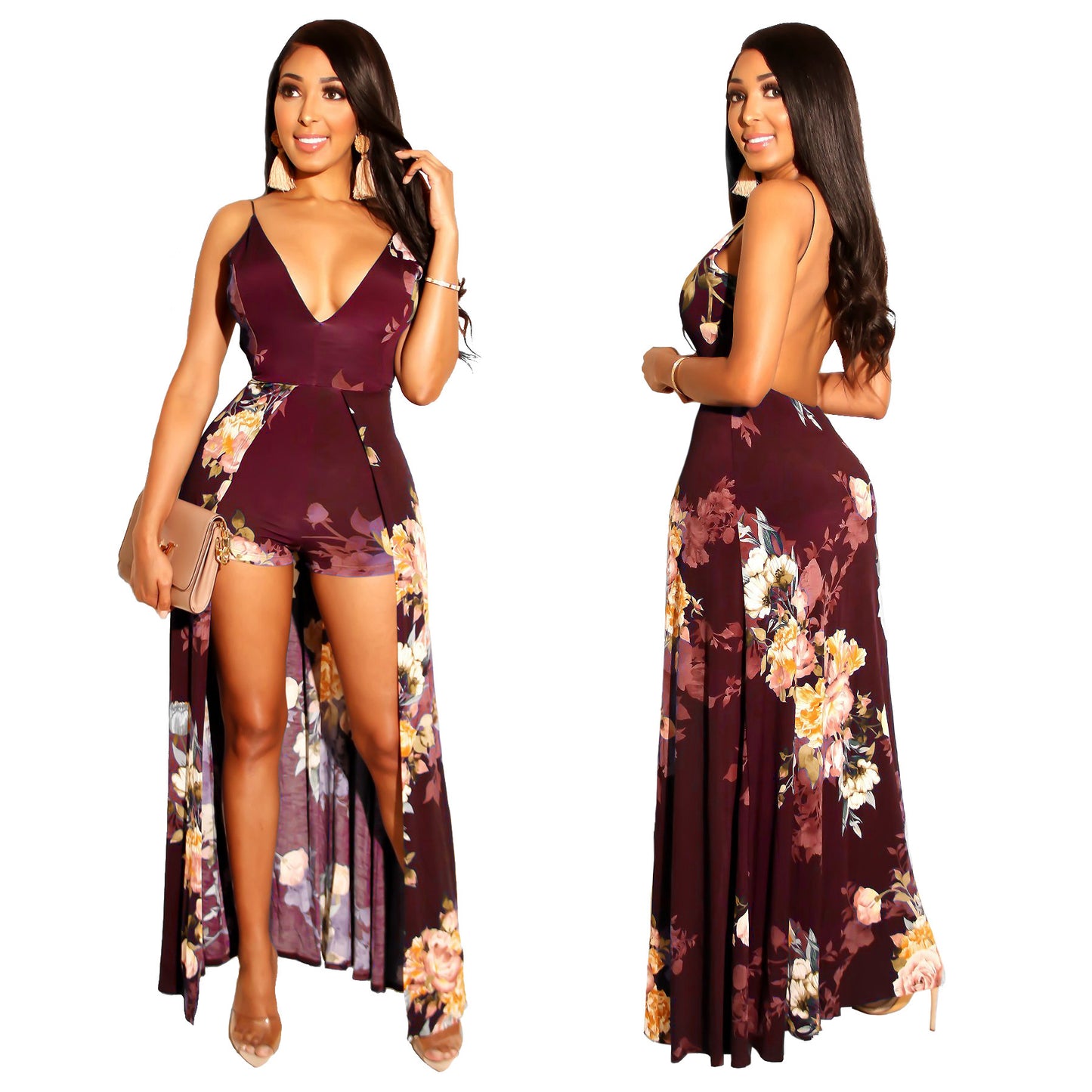 V-neck printed tie with bare back jumpsuit