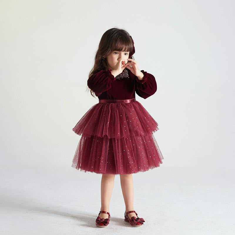 European And American Long-sleeved Velvet Little Girl Fashionable Dress