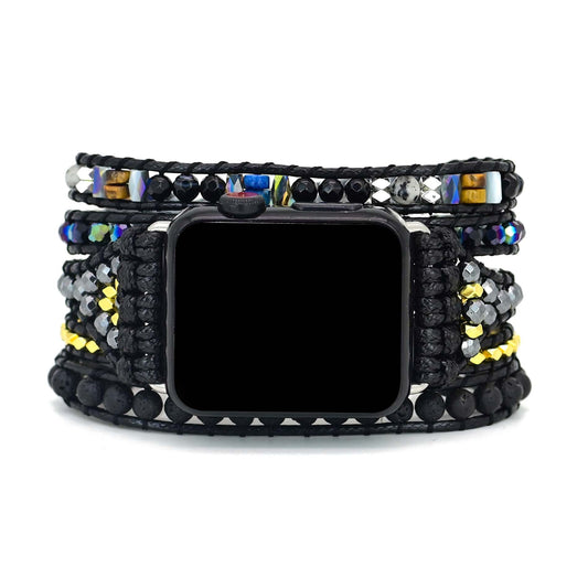 Black Retro Woven Watch Band Natural Stone Bead Strap Bracelet