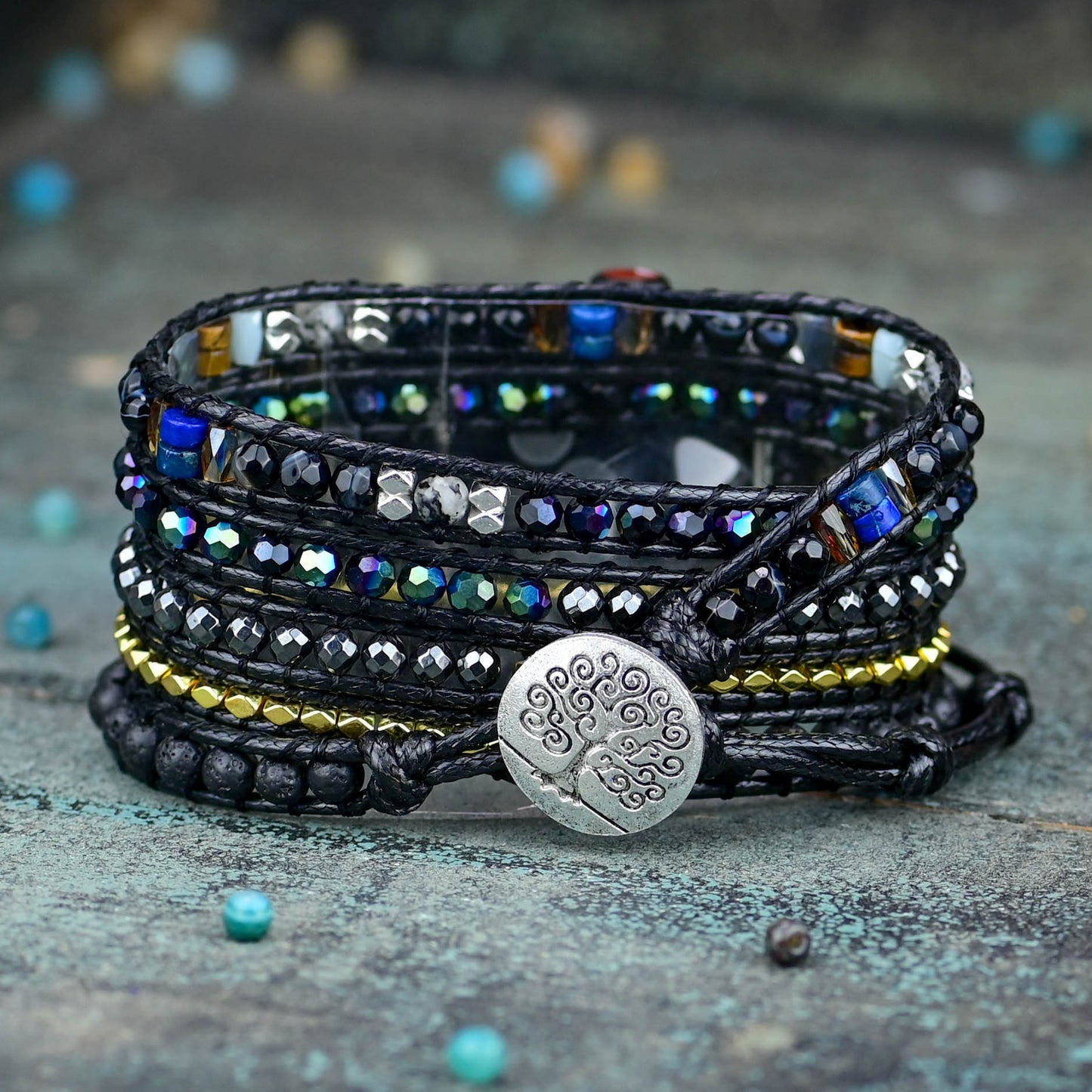 Black Retro Woven Watch Band Natural Stone Bead Strap Bracelet