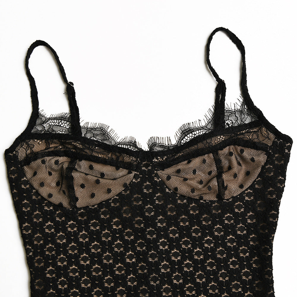 Fashionable Lace Back Split Polka Dot Dress