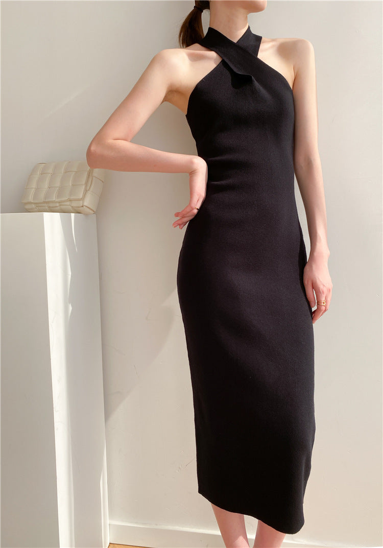 Women's Slim Fit Slim Pack Hip Cross Halter Over Knee Knit Dress