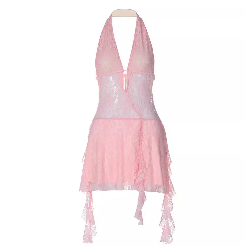 Short Stitching Ribbon Halter Lace Hollow-out Deep V-neck Backless Hot Girl Dress