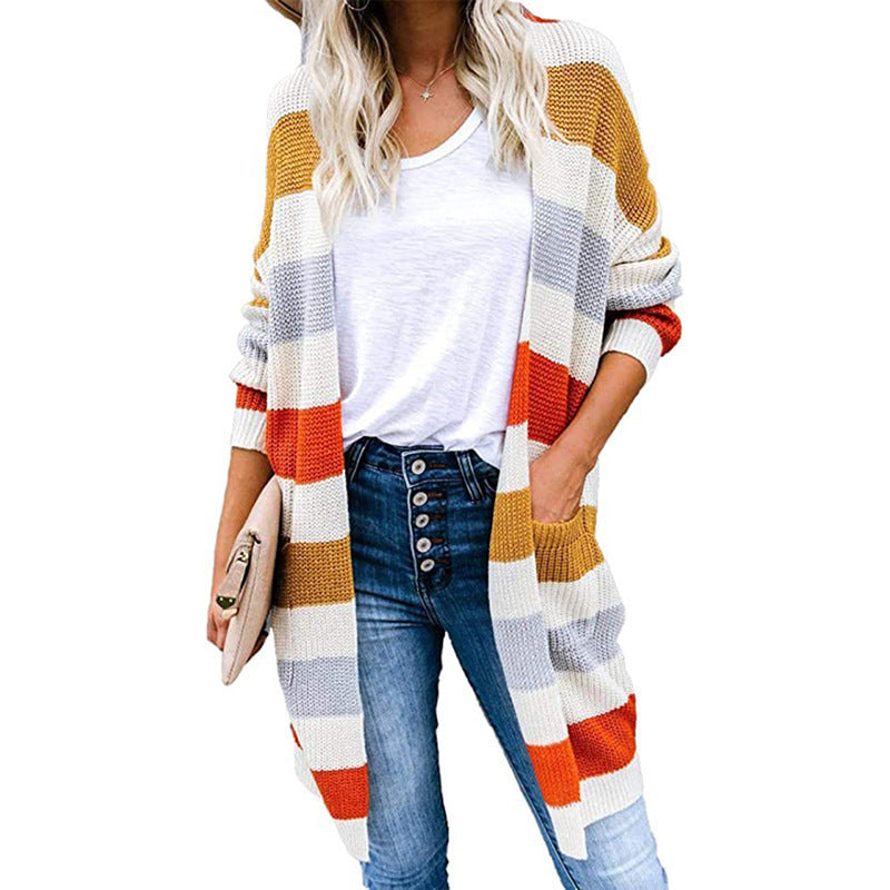 Striped Stitching Sweater New Product Long Color Blocking Pocket Knitted Cardigan