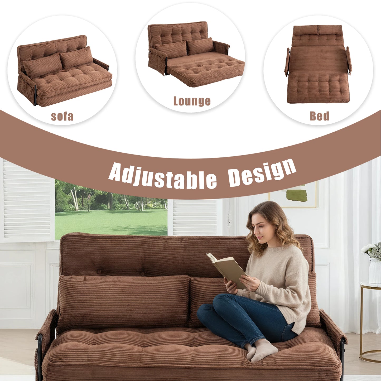 Brown Home Foldable Floor Lounge Sofa Bed, Double 5‑Position Adjustable Corduroy Couch with Armrest Side Pocket