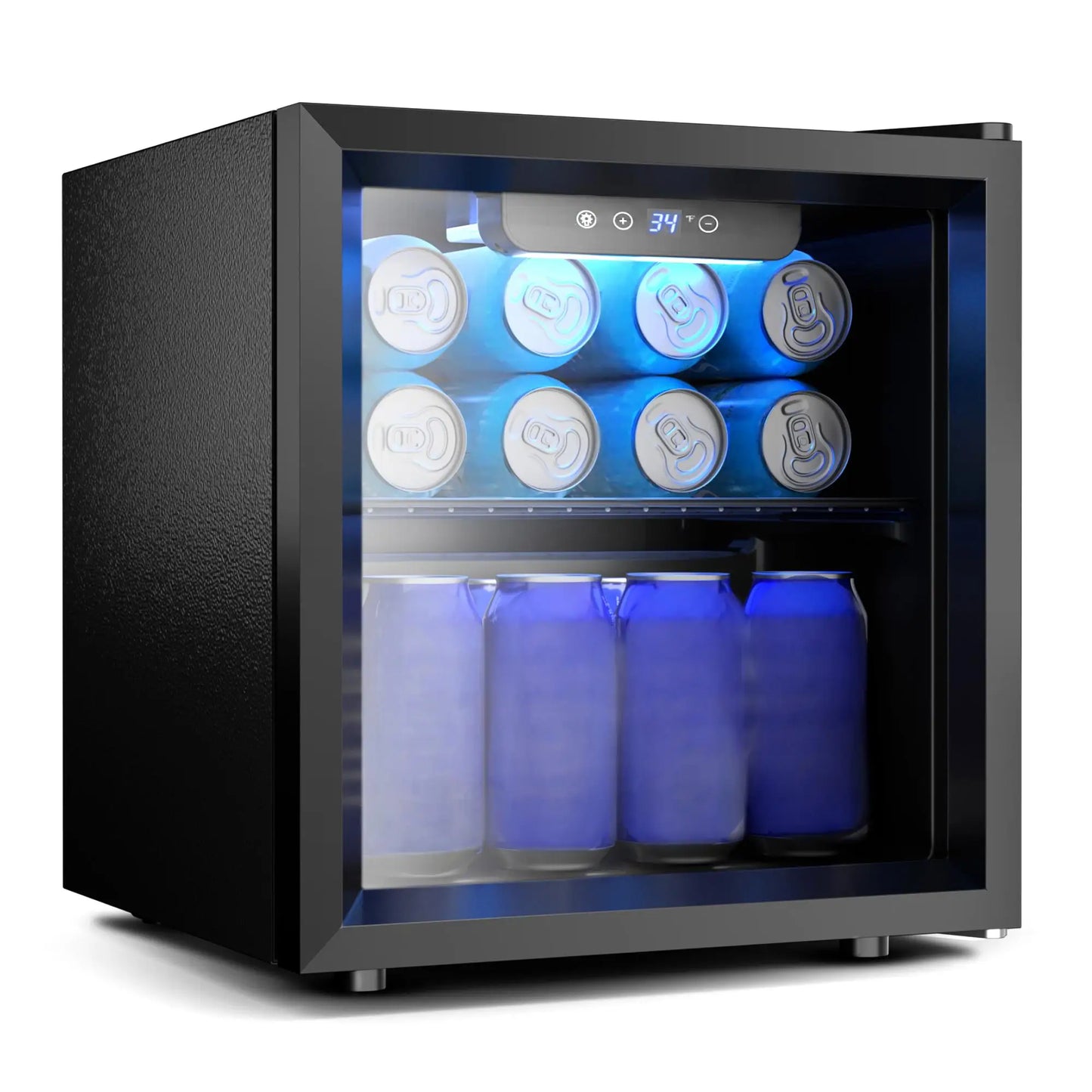 EKOJUCE Glass Door Mini Fridge, Countertop Beverage Refrigerator with Adjustable Shelving and Blue LED Lighting, Compact Drink Cooler for Beer, Wine, Soda & Other Beverages, Ideal for Home, Office, Dorm & Bar