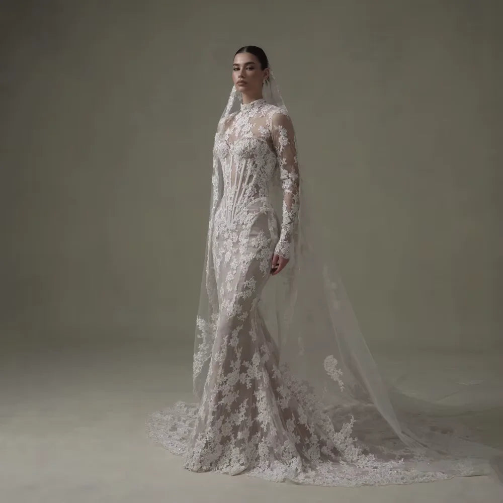 Ivory Lace Mermaid Wedding Dresses for Bride Removable High Neck Long Sleeve Backless Garden Beach Bridal Gown Customized