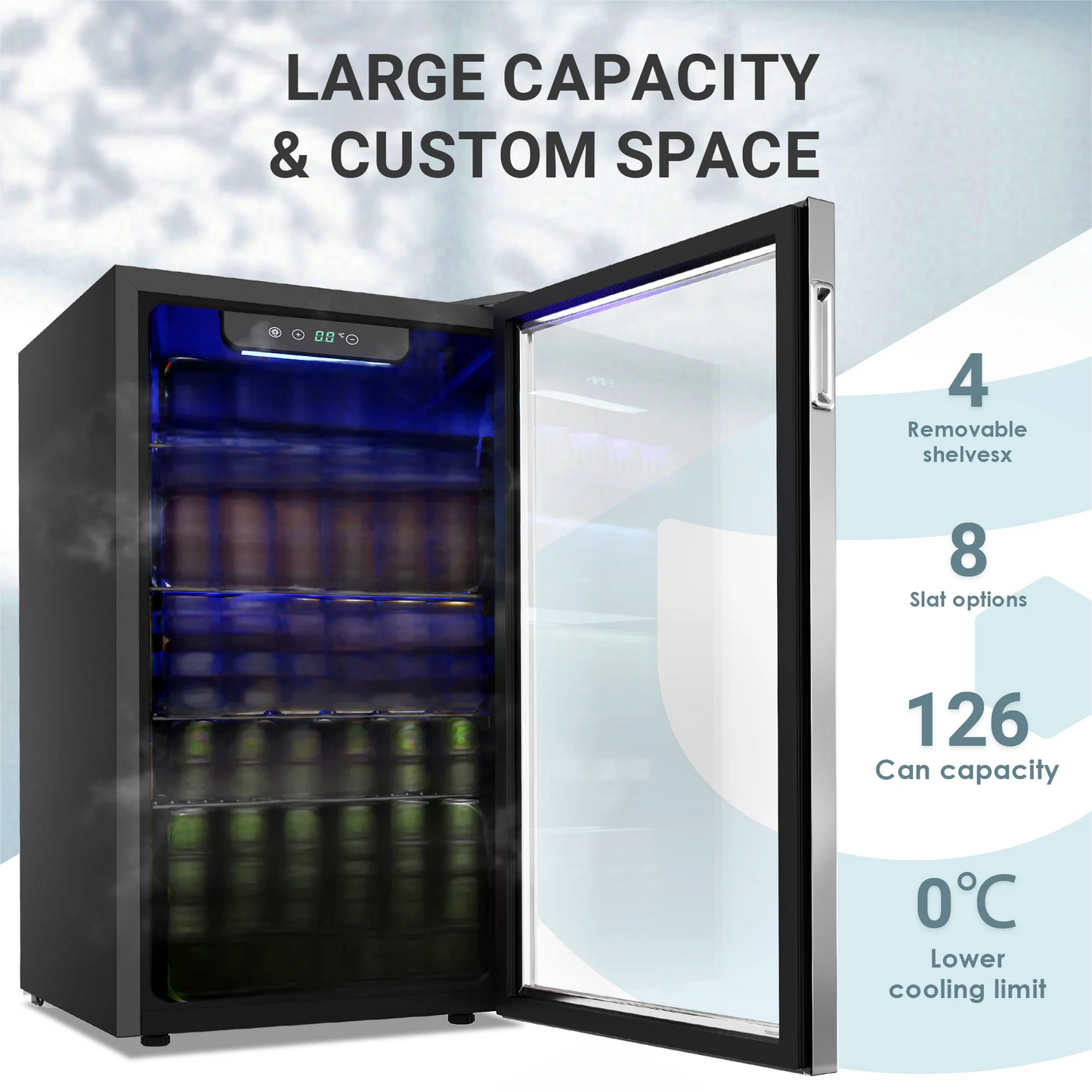 EKOJUCE Beverage Refrigerator and Cooler, 126 Can Mini fridge with Glass Door, Small Refrigerator with Adjustable Shelves for Soda Drinks or coco, Perfect for Home/Ba r/Office (Black/Sliver Steel)