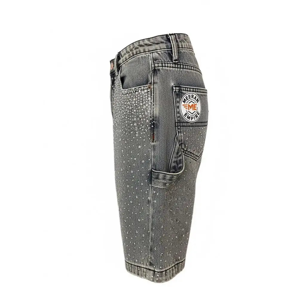 Custom 2025 Oversized Acid Wash Diamond Crystal Denim Shorts Jeans Streetwear Rhinestone Baggy Shorts Men