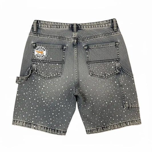 Custom 2025 Oversized Acid Wash Diamond Crystal Denim Shorts Jeans Streetwear Rhinestone Baggy Shorts Men