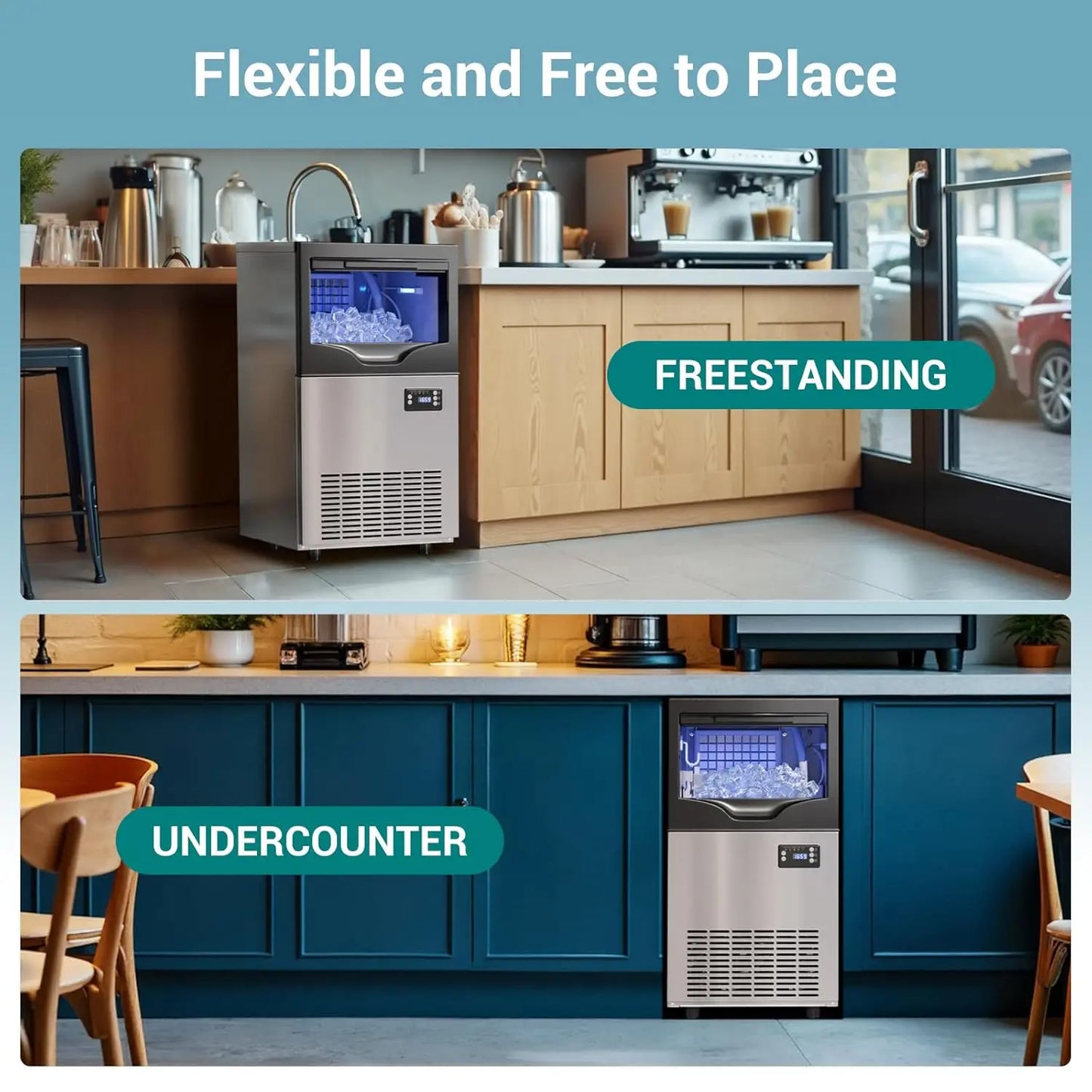 Commercial Ice Maker Machine 120 Lbs/24H Under Counter, Stainless Steel Freestanding Ice Machine, 45 Ice Cubes in 8-15 Minutes
