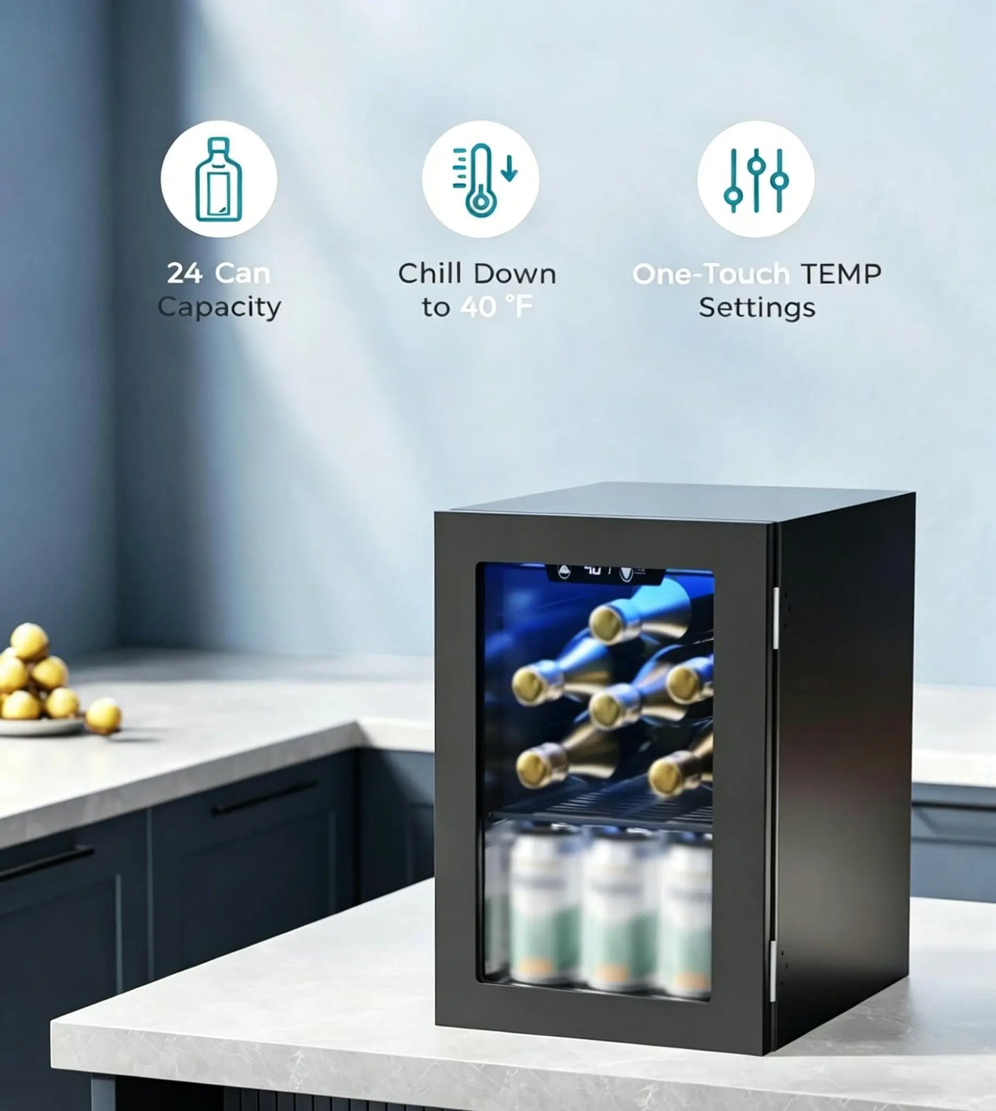 EKOJUCE Mini Fridge with Glass Door | Countertop Beverage Cooler for Beer, Drinks, Wines with Adjustable Shelves and Blue LED Light for Home, Office, Dorm, Bar