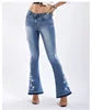 Women Stretch High Waist Embroidery Jeans Wide Leg Floral Denim Long Pants Flared Trousers Lady Women's Fashion Pants