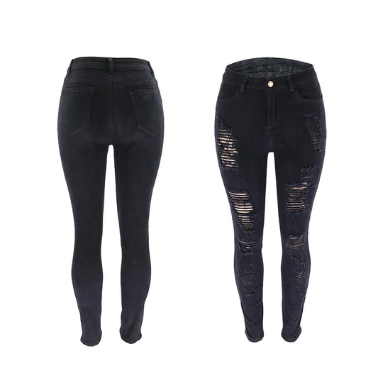 Womens High Waisted Black Torn Jeans Plus Size 3XL Skinny Denim Pencil Pants Burgundy Stretch Rugged Ripped Distressed Jeans