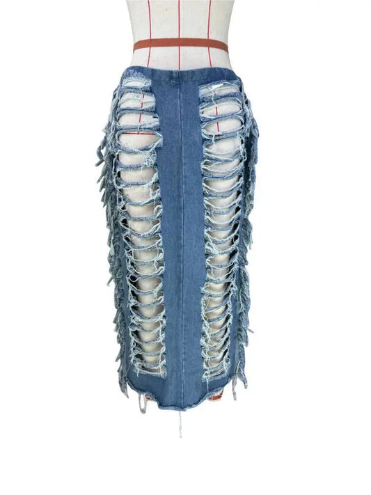 Sexy Hot Streetwear Fashion Ladies Skirts Casual Washed Jean Denim Long Maxi Ripped Tassel Skirt Women'S Skirts