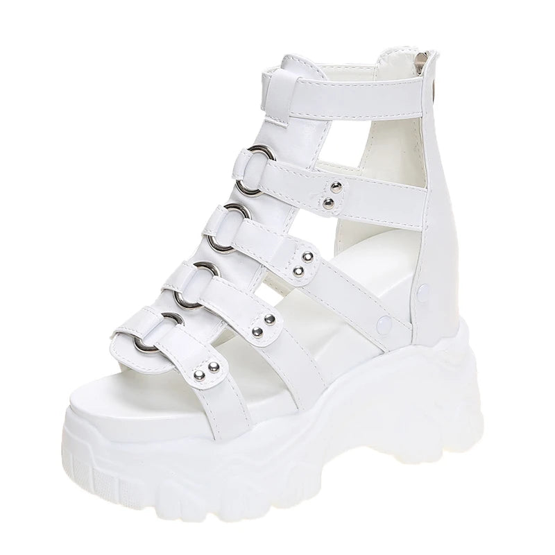 Women Thick Bottom Gladiator Shoes Woman Summer Chunky Sneakers High Platform Sandals Hollow Out 8CM Wedge Heels Beach Sandalias