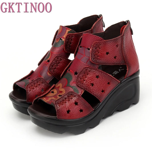 GKTINOO 2026 Ethnic Style Genuine Leather Women Shoes Sandals Wedges Sandals Handmade Genuine Leather Women Sandal