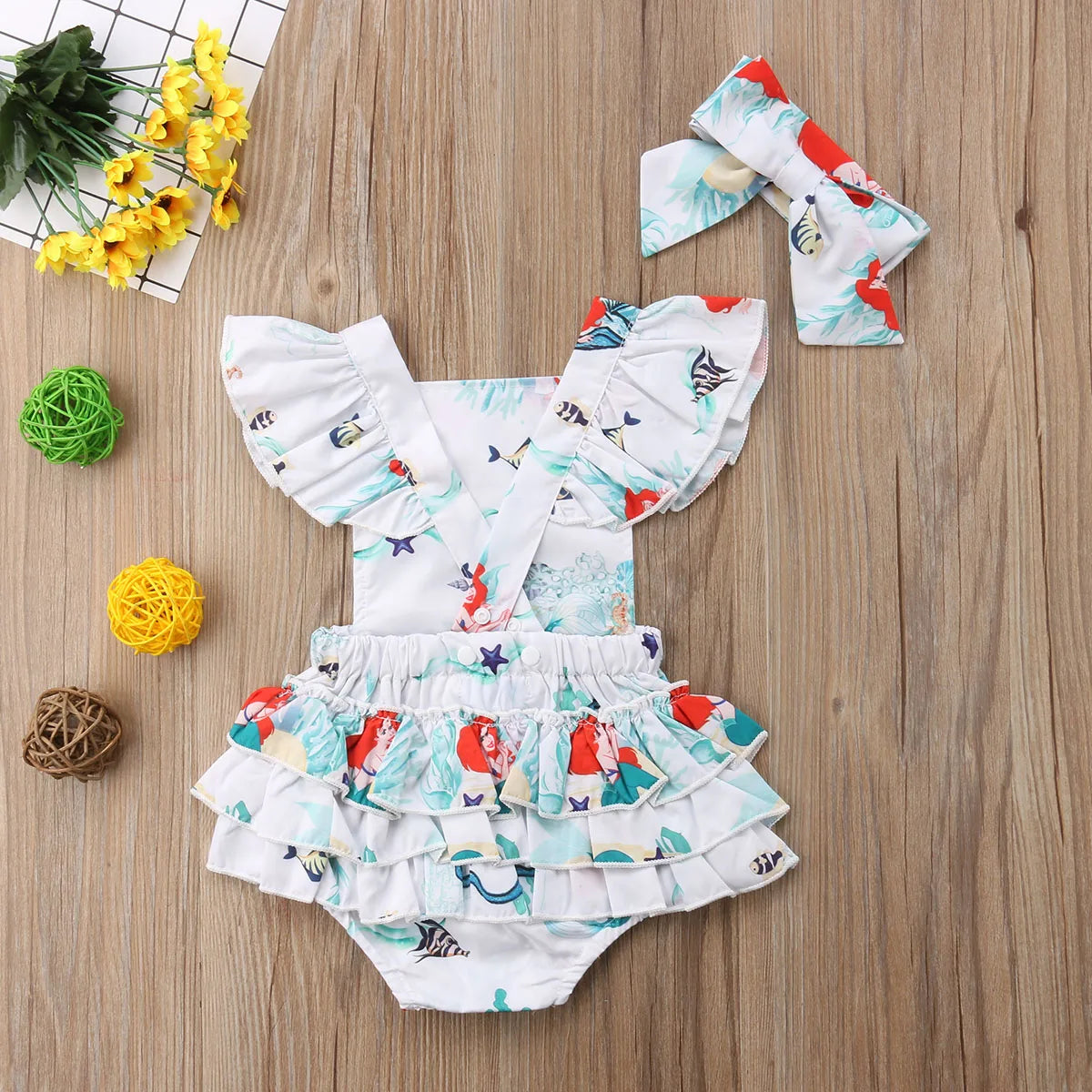 2018 Brand New Infant Newborn Cute Toddler Baby Girls Lace Bodysuit Jumpsuit Outfits Fish Clothes Headband 2Pcs Sets
