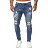 Wholesale large-sized men's jeans with zipper pockets, fashionable and tattered blue and black jeans, men's washed craft jeans