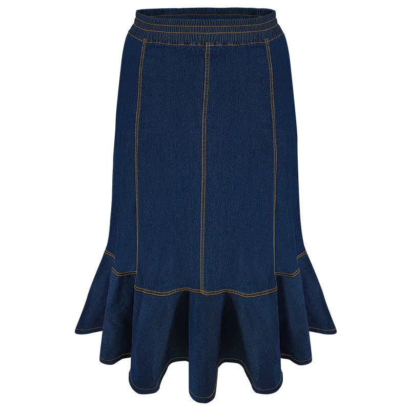 Latest Design Plus Size Women Jean Skirt Elastic Waistband Ruffle Long Denim for