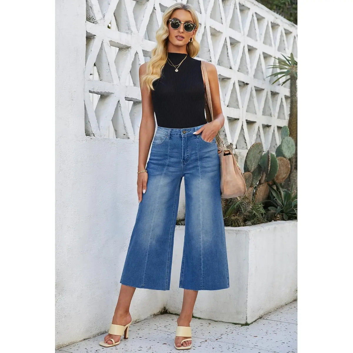 2025 Trendy High Waisted Women's Wide Leg Capris for Raw Hem Stretchy Denim Cropped Pants Jeans for Raw Hem Stretchy