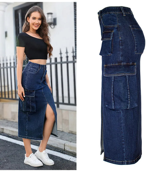 SL157 High Quality Summer Cargo Jeans Skirts for Women Multi Pocket High Waist Slim Split Long Denim Skirts for Women