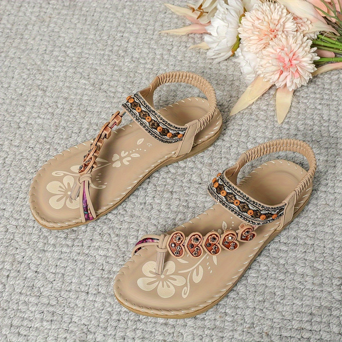 Bohemian Thong Sandals Summer Fashion Flowers Flat Beach Shoes For Women