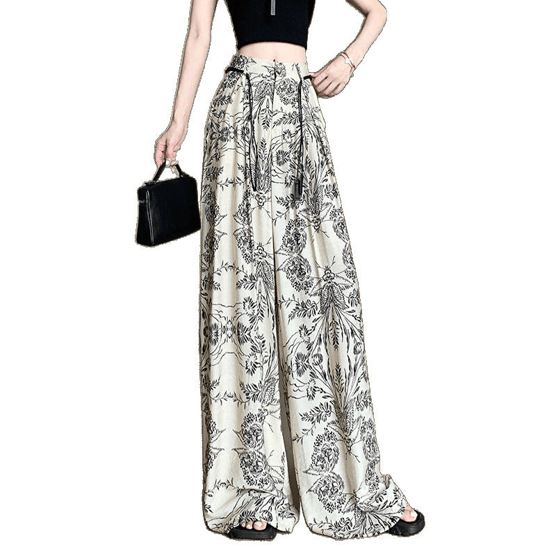 Cross-Border High-End Retro Printed Wide-Leg Pants 2025 New High-Waist Slim Fashion Versatile Casual Straight Pants