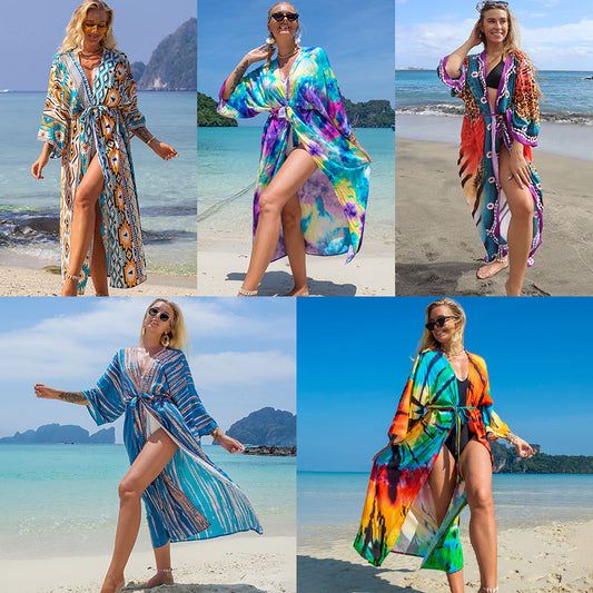 New European and American Rayon Printed Cardigan Beach Skirt Bikini Cover-Up Swimsuit with Sun Protection Clothing Seaside Vacation Skirt