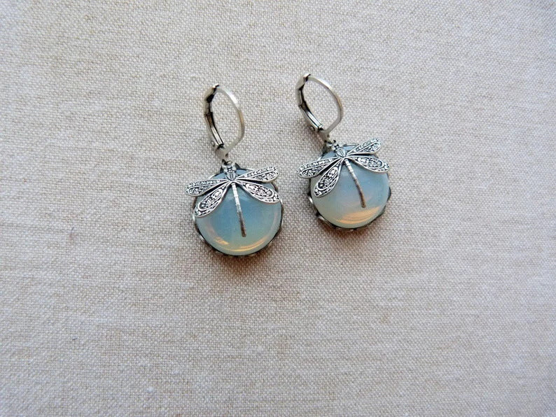 Fashion Jewelry Vintage Dragonfly Pattern Earrings Distressed Moonstone - FLIPSTYLEZLLC