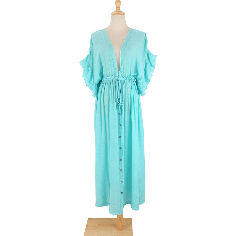 New Bamboo Cloth Button Waist Rope Long Skirt Cardigan Vacation Beach Jacket Sun Protection Clothing Long Skirt Bikini Cover-Up for Women