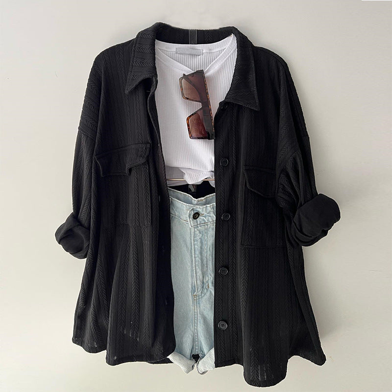 Women's Loose Plus Size Patch Pocket Lapel Long Sleeve Shirt Top