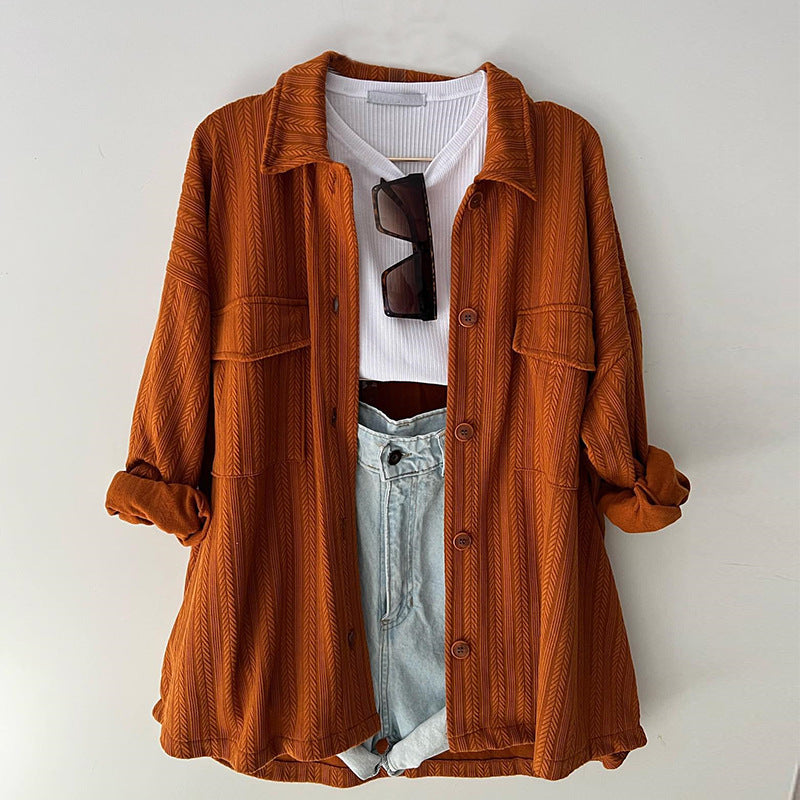 Women's Loose Plus Size Patch Pocket Lapel Long Sleeve Shirt Top