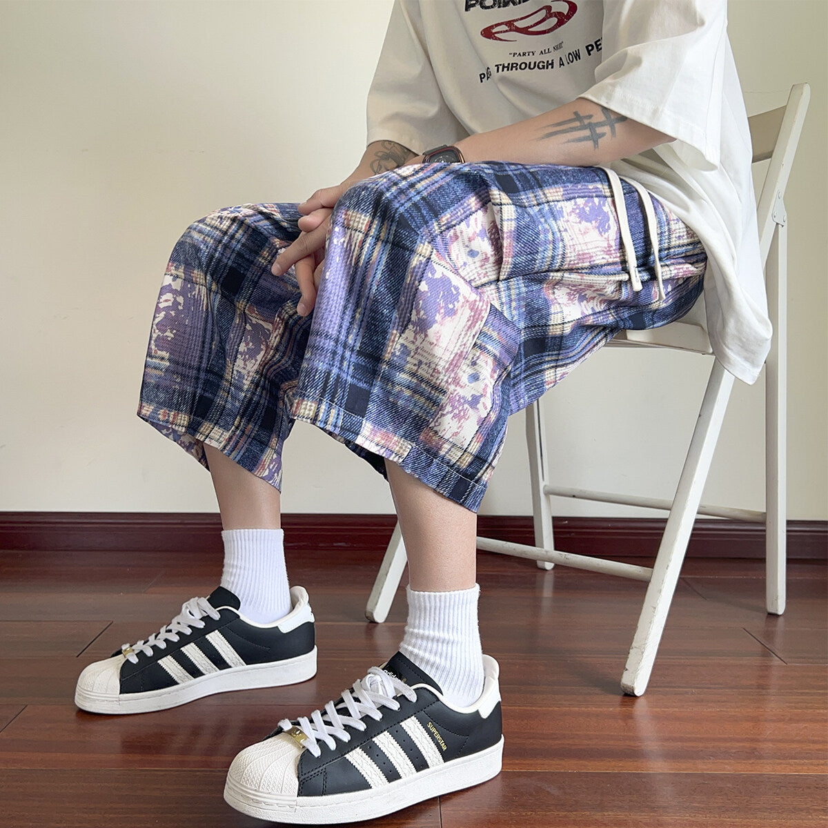 American High Street Style Handsome Workwear Cropped Pants for Men, Extra Large Size Plus Fat Wide Leg Shorts, Summer Ice Silk Eight-Point Pants
