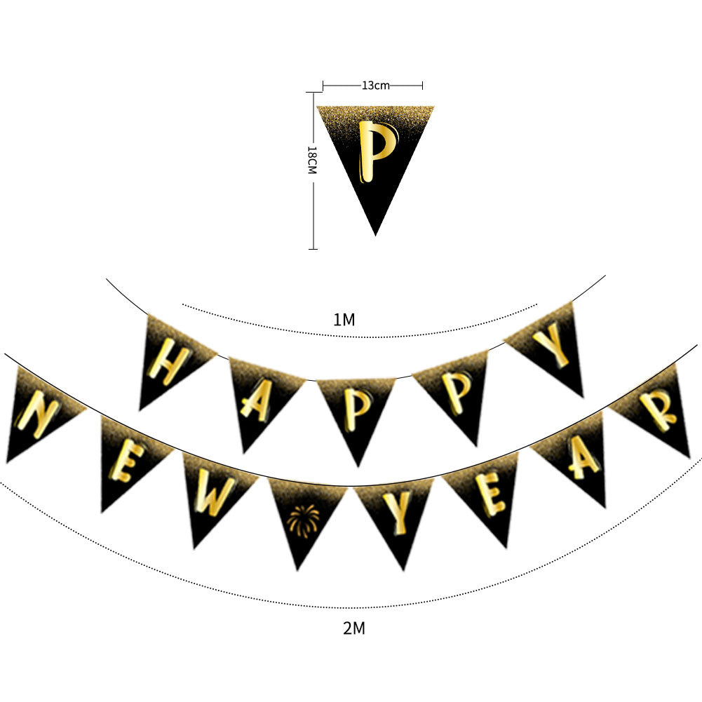 Happy New Year Hanging Flag Colorful Flag Black Gold Letter Pendant