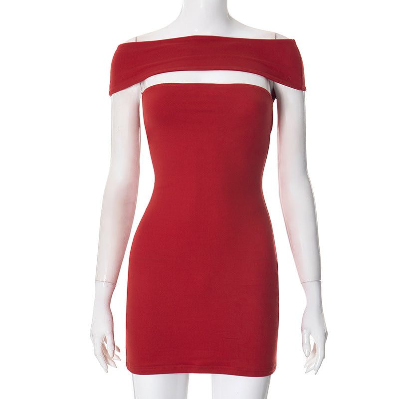 American Hot Girl Style Off-shoulder Hollow Sexy Slim Fit Slimming Sheath Dress
