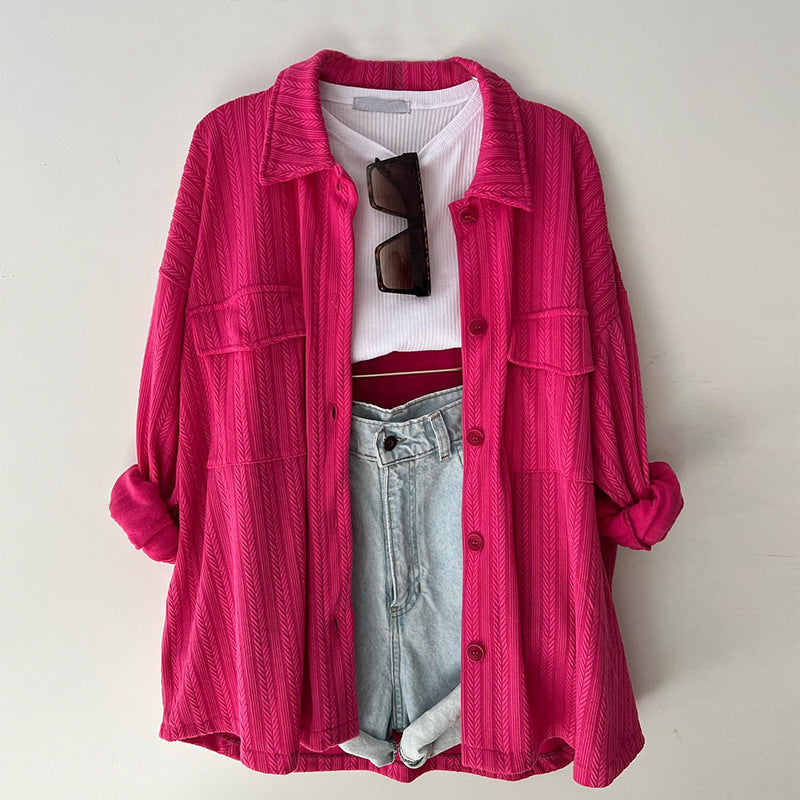 Women's Loose Plus Size Patch Pocket Lapel Long Sleeve Shirt Top