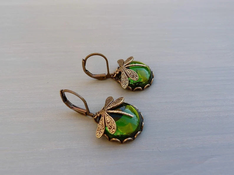 Fashion Jewelry Vintage Dragonfly Pattern Earrings Distressed Moonstone - FLIPSTYLEZLLC